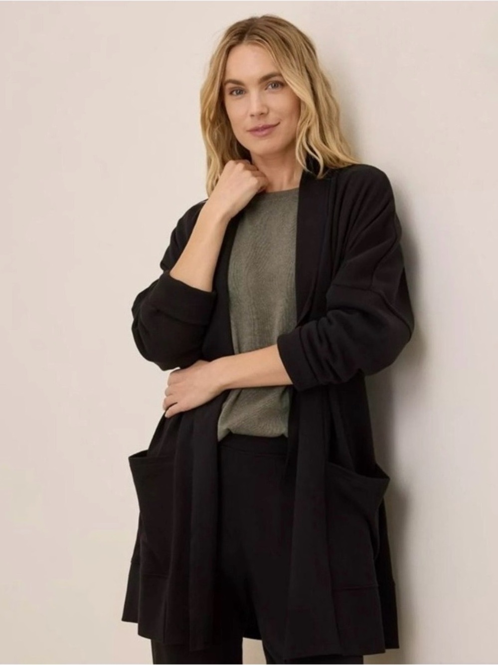 PACT Airplane Cardigan Black Organic Cotton Open Front Travel Sweater